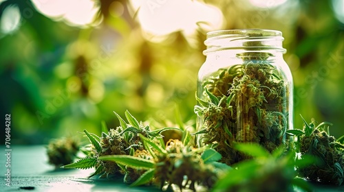 Medical cannabis bud in the jar made with AI generative technology photo