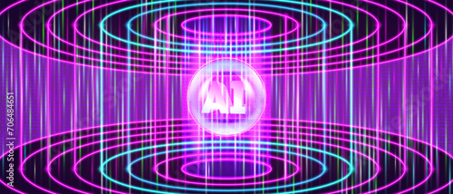 Vector abstract futuristic bright radiant glowing wide banner. 3D abbreviation AI. Artificial intelligence. Colored laser beams. Digital virtual space. Global Internet network. High tech poster.