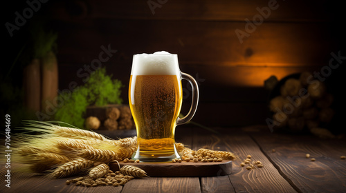 beer glass on wood table with hop and malt background photo
