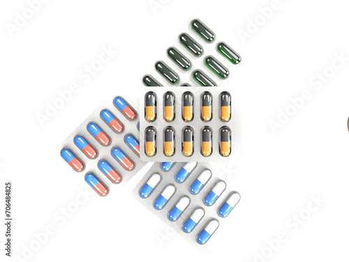 Medicine pills capsule stack 3D rendered with transparent background graphics elements.