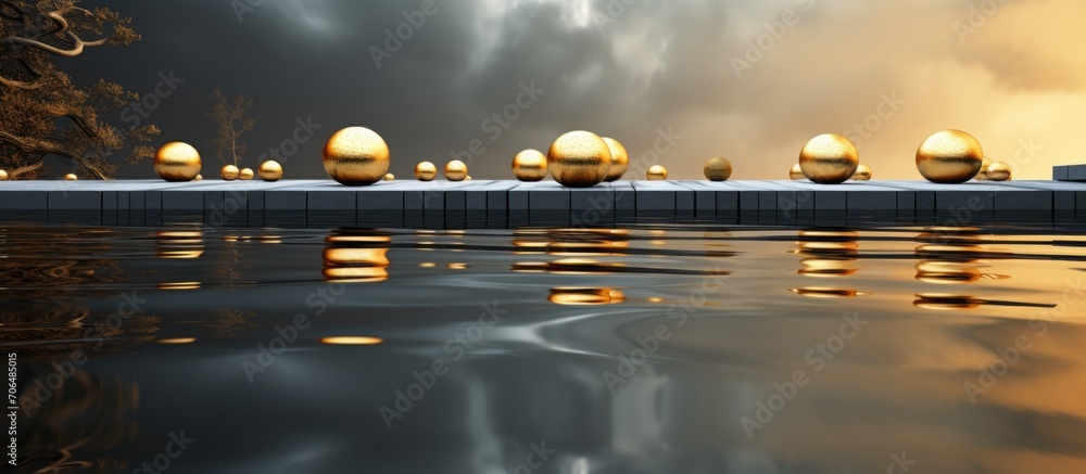 Abstract modern background with reflection in water, featuring cobblestones on golden balls. Exhibits empty platforms for product displaying, representing Zen balance.