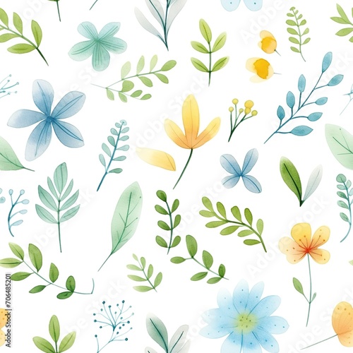 Cute leaf and flower seamless pattern, Watercolor