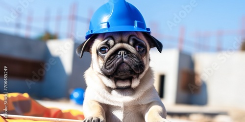 A pug in a blue construction helmet looks at the camera against the backdrop of houses under construction and the blue sky. Construction concept, safety concept photo