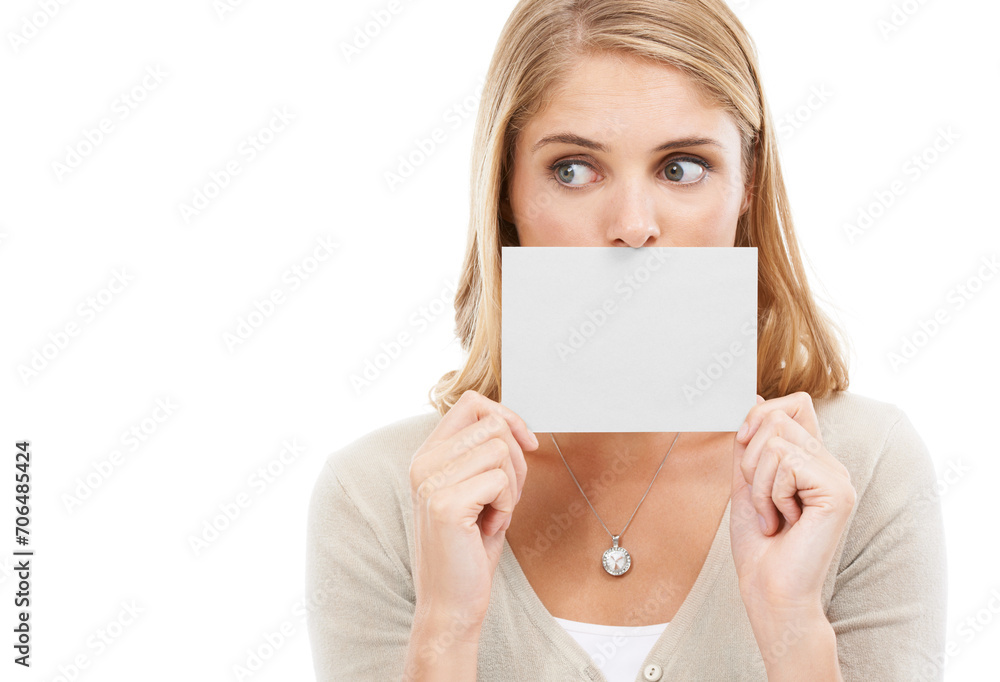 Thinking, face and woman with blank card, sign or poster for question in white background and mockup. Studio, space and person with a empty signage for information on choice, decision or cardboard Thinking, face and woman with blank card, sign or poster for question in white background and mockup. Studio, space and person with a empty signage for information on choice, decision or cardboard
