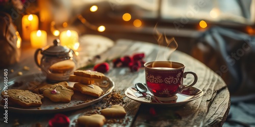 Homemade cookies elegantly arranged on the table  accompanied by a steaming cup of coffee  capturing the essence of Valentine s Day