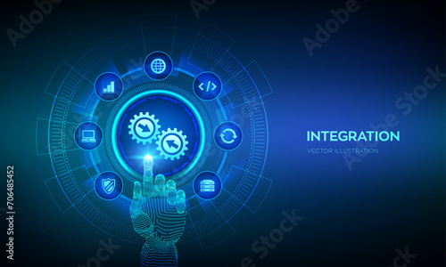 Integration data system. System Integration concept on virtual screen. Industrial smart technology. Business automation solutions. Robotic hand touching digital interface. Vector illustration. photo