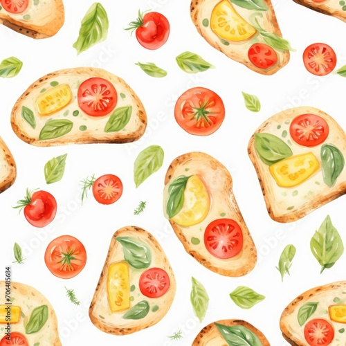 Watercolour illustration of tomato sandwiches as a seamless pattern for wallpaper design