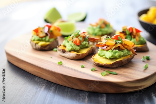 vegan potato skins with guacamole on a slate platter