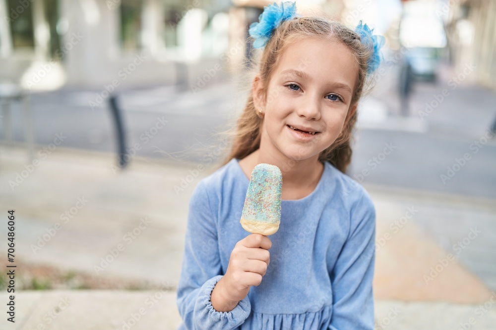 Adorable caucasian girl smiling confident eating ice cream at street Adorable caucasian girl smiling confident eating ice cream at street
