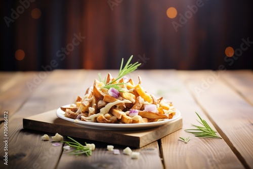 poutine on a rustic wooden table, natural light photo