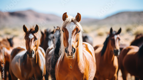 Horse herd run in sunlightwith dust at summer pasture photo