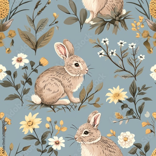 pattern image, vintage bunnies even pattern, festoon flowers and leaves, pastel blue background
