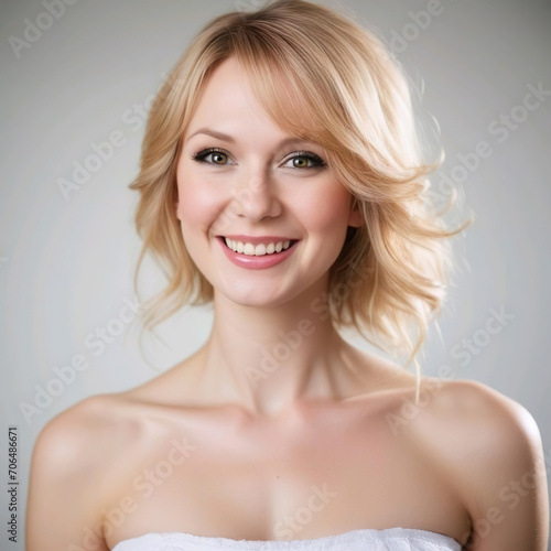 Retrato de estudio mujer rubia con los hombros al descubierto sonriendo  photo