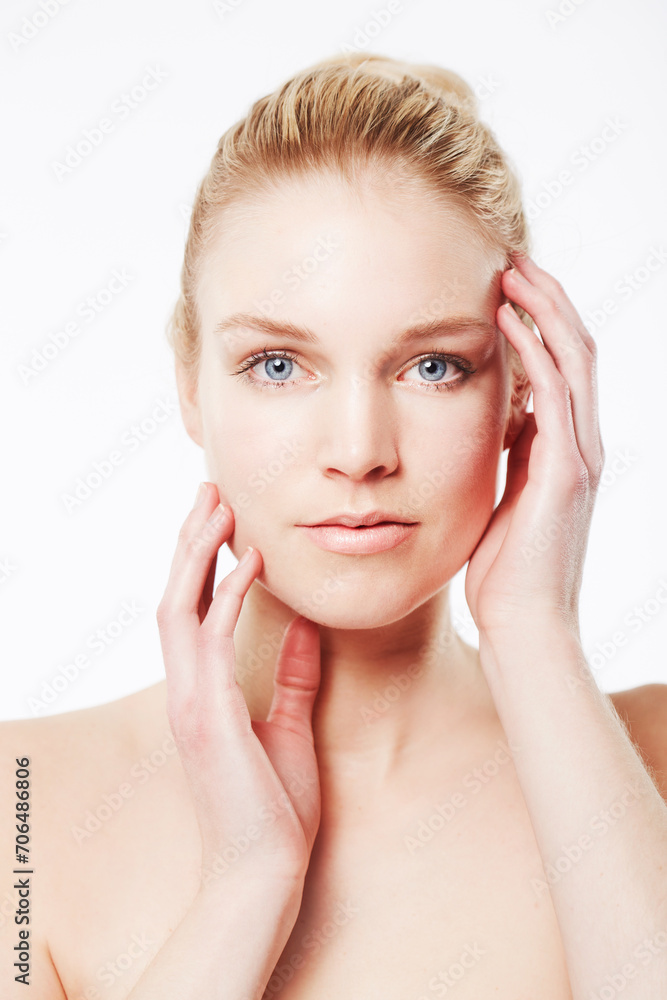 Portrait of woman, touching face or beauty for wellness with cosmetics, aesthetic or healthy glow. Facial dermatology, studio or confident model with pride or skincare results on white background