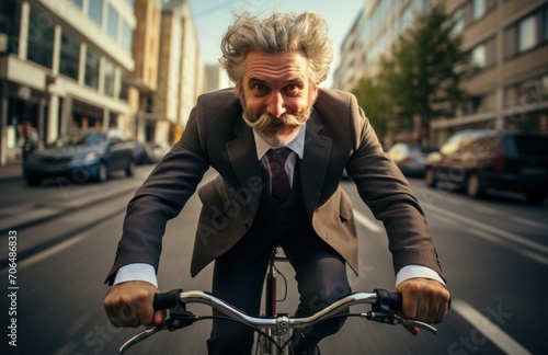 Businessman biking confidently on a city street, public transport city picture