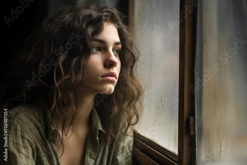 A young woman gaze out a window on a rainy day, public transport city picture
