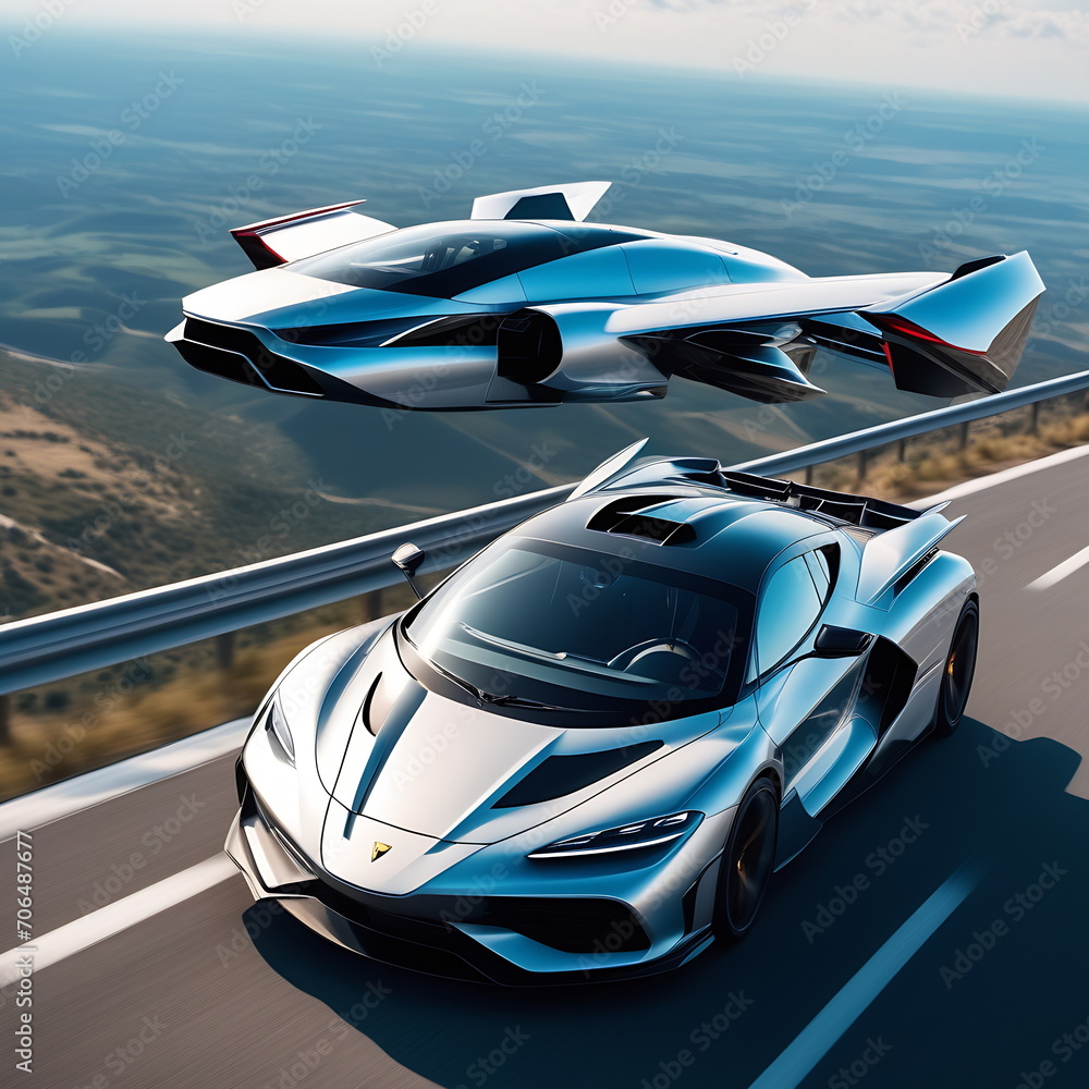 Fototapeta premium Flying electric car over the road overtakes a regular machine