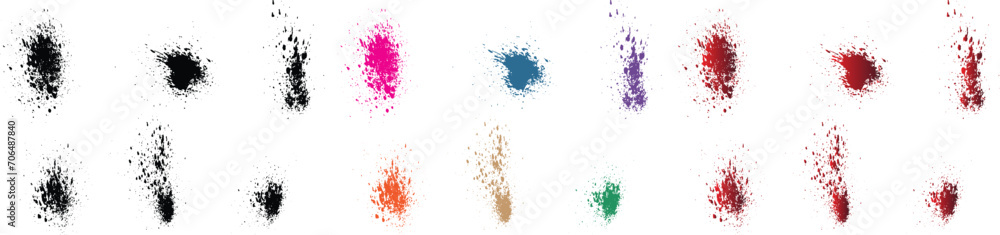 Hand-paint realistic blood splatter black, red, orange, purple, wheat, green color grunge brush spot vector set