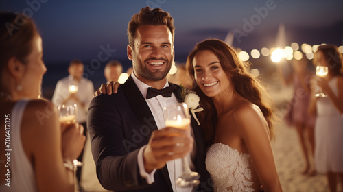 Groom and bride holding glasses standing together celebrating with friends at a wedding ceremony on a sandy beach