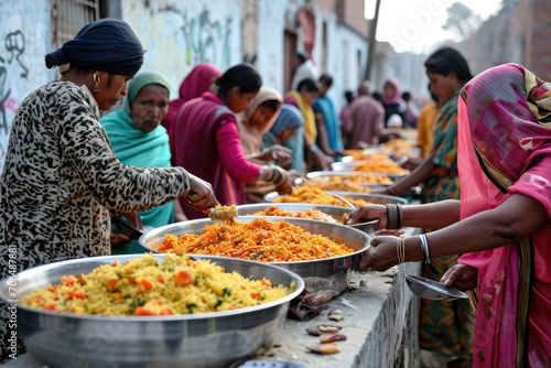 Volunteers distribute food to poor people in the open air photo
