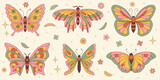 Groovy butterfly stickers set. Hippie 60s 70s style. Floral romantic sign trendy retro style. Yellow, pink green colors.