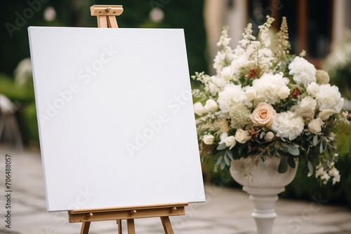 Empty White wedding board decorated with flowers on a wooden stand and placed in front of the wedding background wedding