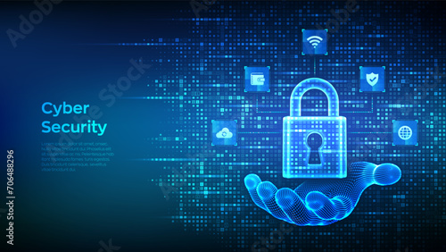 Cyber security. Data Protection. Internet network security technology concept. Padlock. Lock icon in wireframe hand. Cybersecurity icons connections. Binary code background. Vector Illustration.