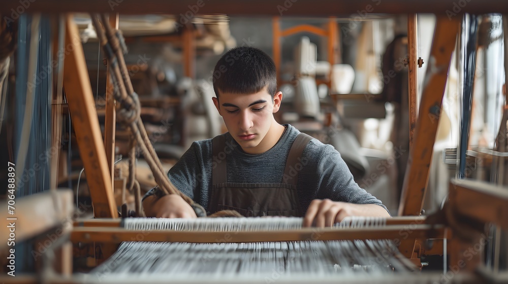 A young man in a workshop focused intently on the delicate art of textile weaving on an old wooden loom.