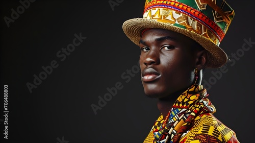 A young man in a traditional woven hat and colorful attire poses with a solemn expression against a black backdrop.