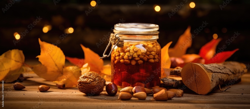 Autumn-themed jar filled with honey and nuts.