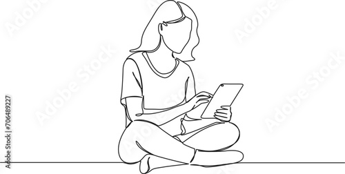continuous single line drawing of young woman sitting on floor using tablet computer, line art vector illustration