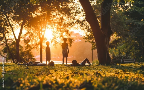 A father and his two sons stand , then lie down and stretch their muscles while enjoying the serene ambiance of a park during the beautiful sunset hours . © Nattadesh