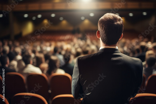 Leadership in action Speaker at a seminar engages an audience in an auditorium, seen from behind with a blurred background, ideal for business presentations. ai generative