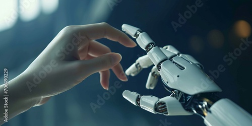 The concept of android creation and intelligence through the interaction of a mechanical hand and a human hand.