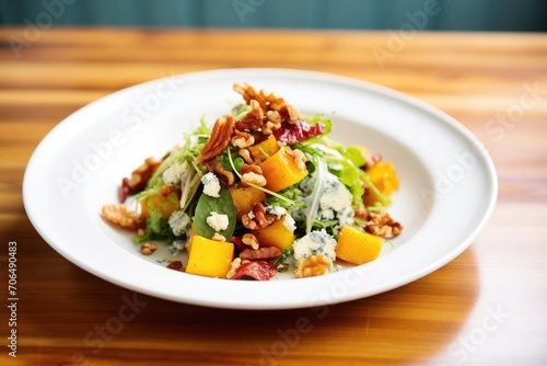 freshly plated roasted squash salad, blue cheese, walnuts, bacon bits