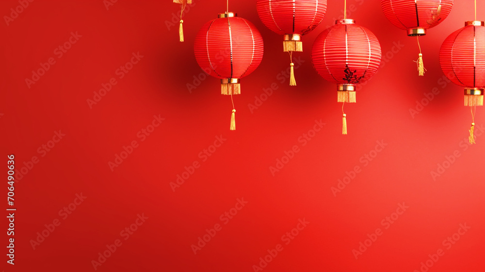 Chinese Lanterns hanging on isolated red background - ai generative Chinese Lanterns hanging on isolated red background - ai generative