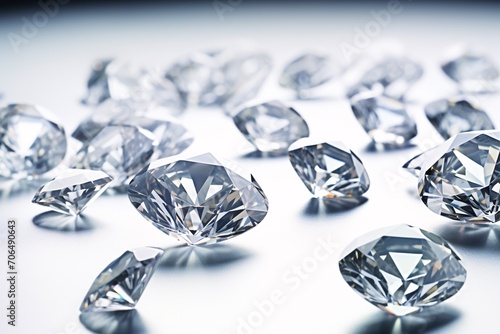 Detailed view of variously shaped and sized diamonds on illuminated backdrop with shading.