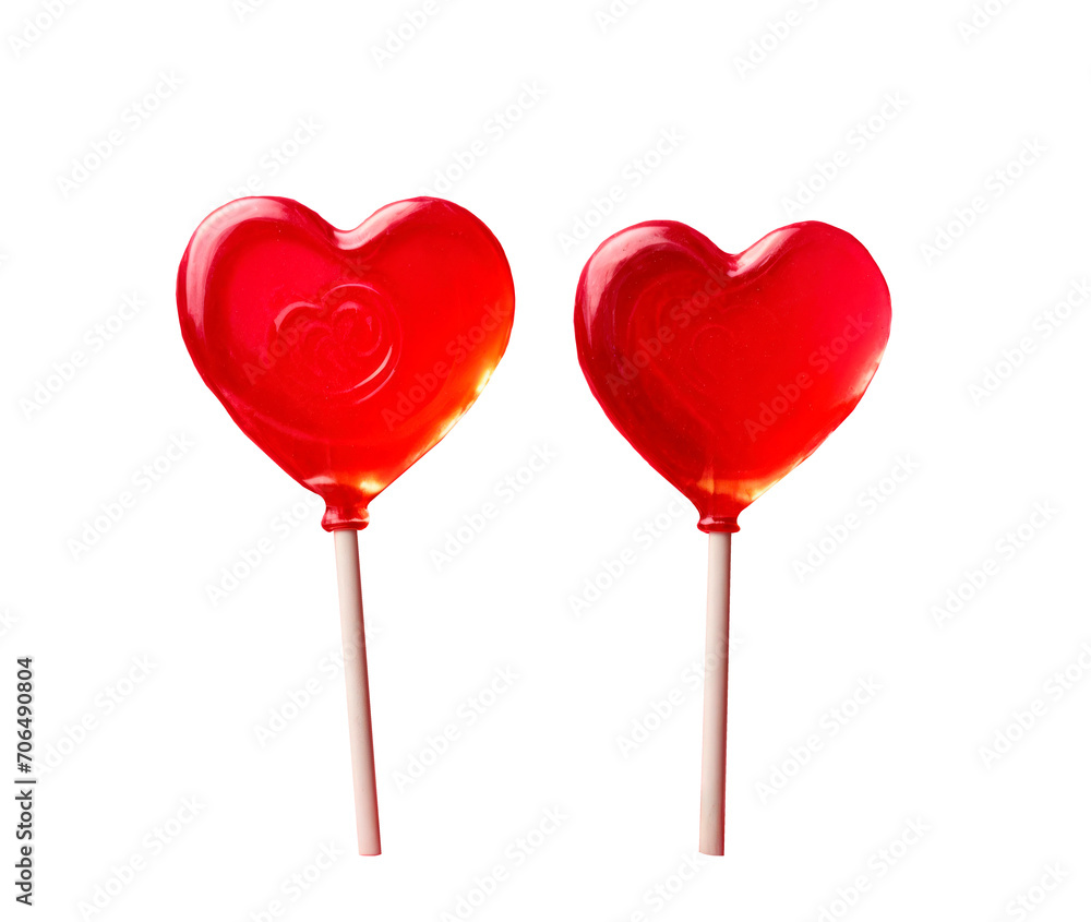 Two red lollipops in the shape of hearts 