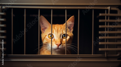 Little cute kitten in the cage in cat shelter. Cat baby crying in the cage.