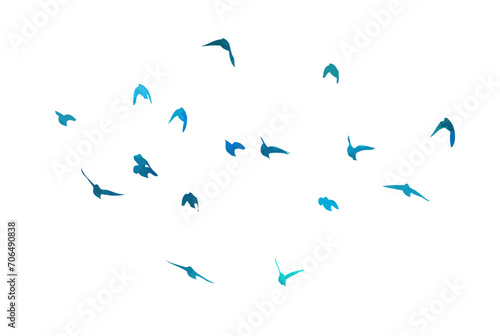 A flock of blue watercolor flying birds. hand drawing. Not AI, Free birds abstraction. Vector illustration