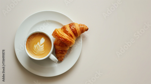 design for cafe ad, coffee and croissant. restaurant or cafe menu. minimalistic. beige background. horizontal