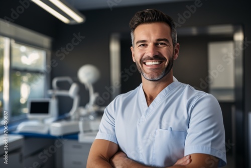 A dentist with a cheerful expression in his office.