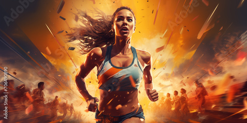 Artistic female athlete running fitness concept. Lady runner abstract colorful art background photo