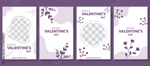 Valentine's day February 14 story design template set.  Elegant white and purple social media posters set.