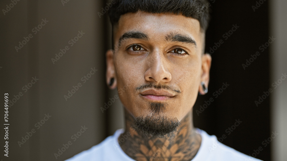 Fototapeta premium Young latin man standing with serious expression at street
