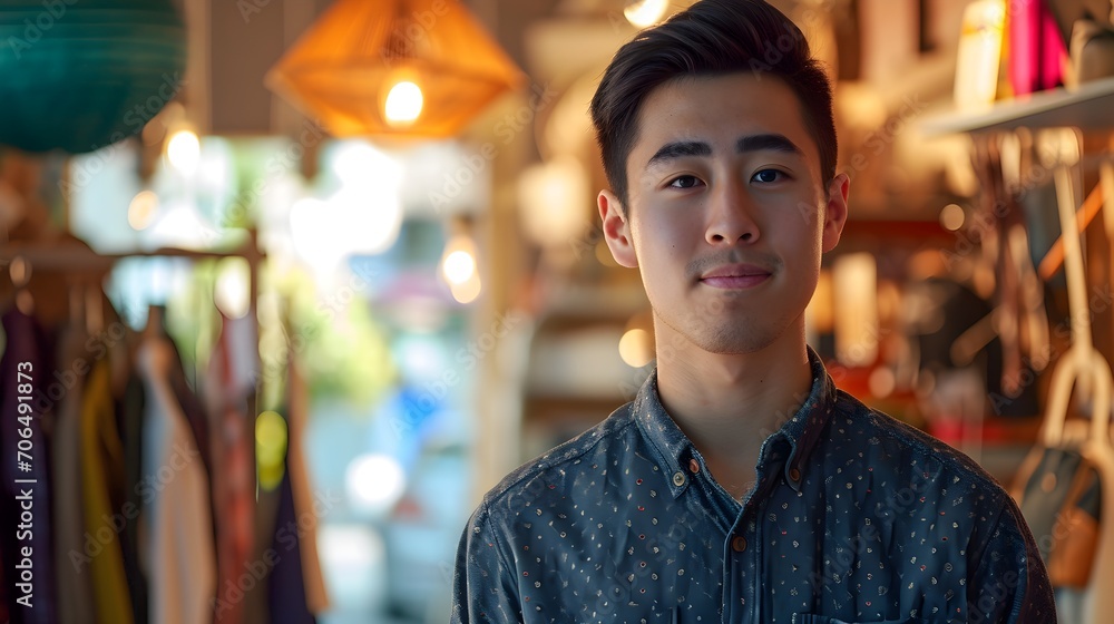 Fototapeta premium A poised young man in a patterned shirt stands in a vibrant boutique with eclectic decor.