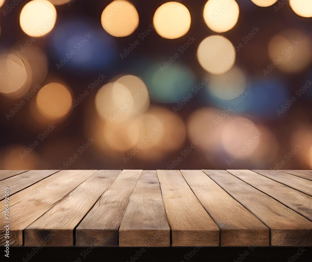 Wooden Top Table With Bokeh Light Effect And Blur Background Wooden Top Table With Bokeh Light Effect And Blur Background