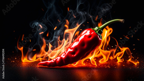 Red hot chilli pepper in fire on dark black background, Red hot chilli pepper in fire on dark. Ai Generative