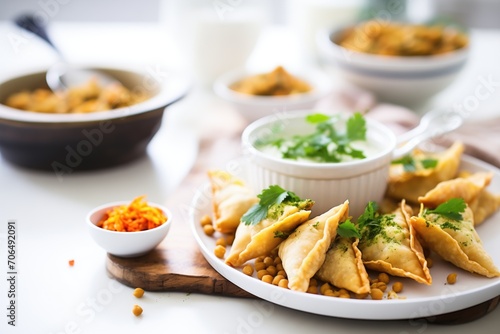 baked samosas with a bowl of chickpeas
