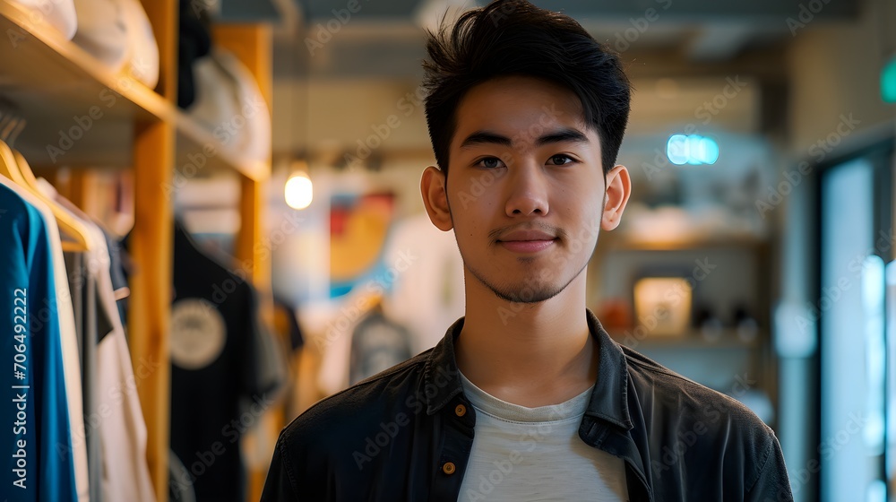 A stylish young man with a slight beard and a casual outfit posing in a modern clothing shop. A stylish young man with a slight beard and a casual outfit posing in a modern clothing shop.